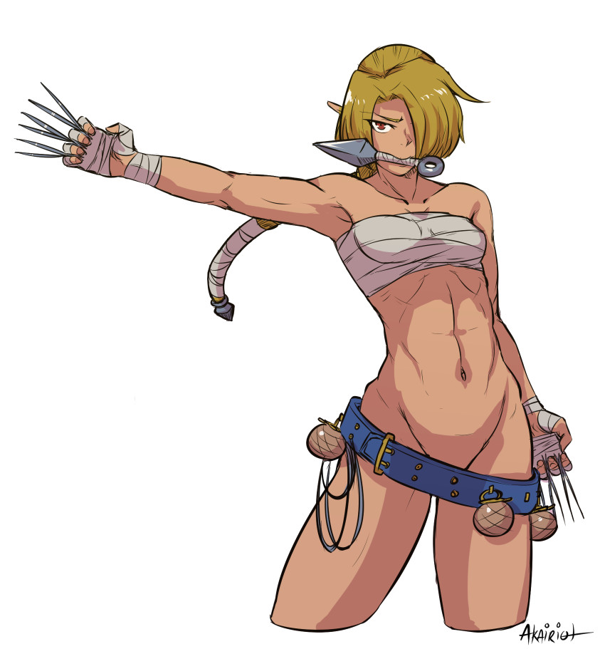 abs akairiot bad_id bad_tumblr_id bandaged_hands bandages bare_shoulders belt beltskirt between_fingers blonde_hair bottomless breasts collarbone commentary cropped_legs dark_skin groin hair_over_one_eye hair_ribbon hand_wraps holding holding_knife knife kunai long_hair mouth_hold navel needle pointy_ears red_eyes ribbon sarashi sheik small_breasts solo the_legend_of_zelda the_legend_of_zelda:_ocarina_of_time throwing_knife toned triple_wielding weapon