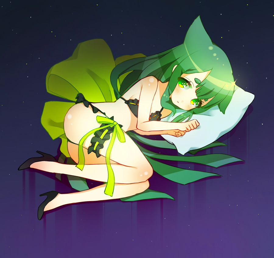 absurdly_long_hair bikini black_bikini blush breasts female frilled_bikini frills gatchaman gatchaman_crowds gradient gradient_background green_eyes green_hair high_heels hym9594 leg_garter long_hair low-tied_long_hair md5_mismatch pillow solo swimsuit utsutsu very_long_hair