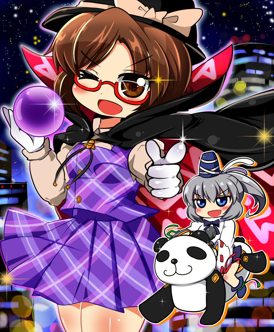 bad_id bad_pixiv_id blue_eyes bow brown_eyes brown_hair cape checkered checkered_clothing checkered_skirt clothes_writing glasses grey_hair hat hat_bow mononobe_no_futo motsu_(selshia12) multiple_girls occult_ball one_eye_closed panda pointing ponytail red-framed_eyewear skirt tate_eboshi touhou usami_sumireko