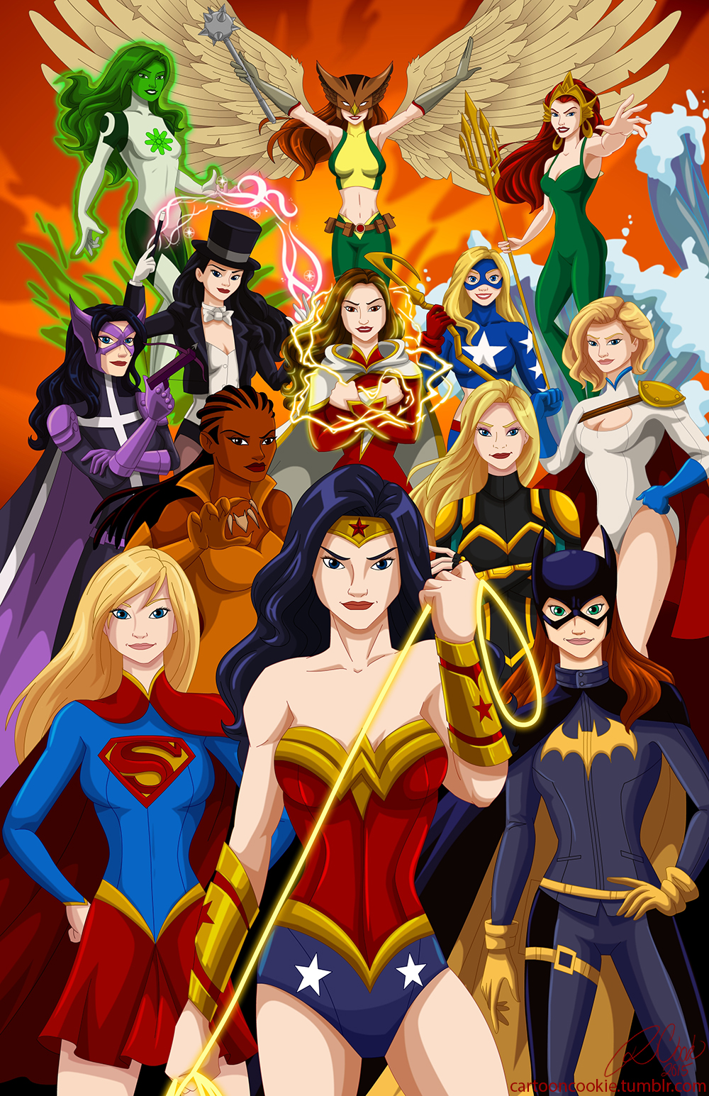 6+girls amazon arm arm_up armor arms arms_up barbara_gordon bare_legs bare_shoulders batgirl black_canary black_hair blonde_hair blue_eyes blue_gloves bodysuit bow bow_(weapon) bowtie bracelet braids breasts brown_hair cape claws cleavage cleavage_cutout collarbone courtney_whitmore crossbow dark_skin dc_comics detached_collar everyone female flying gloves green_hair green_skin grey_gloves grin hand_on_hip hat hawkgirl holding huntress jade jade_(dc) jewelry kryptonian legs leotard lips lipstick long_hair looking_at_viewer mace magic magician makeup mari_jiwe_mccabe mary_batson mask masquerade mera midriff multiple_girls navel neck necklace outstretched_arm pink_lipstick power_girl purple_gloves queen red_cape red_gloves red_hair red_lipstick red_skirt s_shield short_hair single_spaulder skirt sleeveless smile spaulders standing stargirl strapless supergirl tiara top_hat trident turtleneck v-neck vixen_(dc) wand water weapon wonder_woman yellow_gloves zatanna_zatara