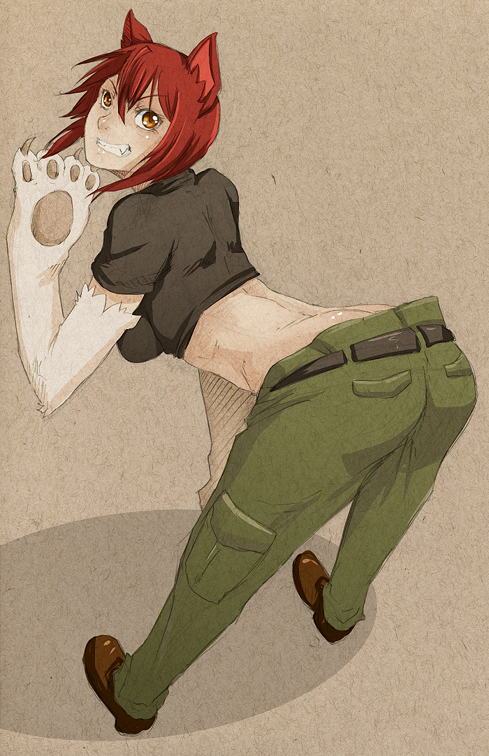 ass babydoll_t-shirt bad_deviantart_id bad_id bent_over breasts butt_crack cargo_pants crop_top fang from_behind full_body grin kaibutsu_oujo looking_back medium_breasts midriff pants paws red_hair riza_wildman shoes short_hair smile solo whistle_frog yellow_eyes