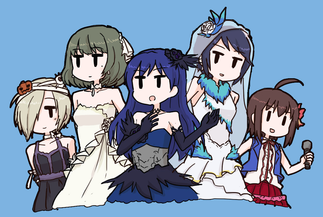 ahoge blonde_hair blue_dress blue_hair dai-oki dress elbow_gloves gloves green_hair hair_over_one_eye idolmaster idolmaster_(classic) idolmaster_cinderella_girls jitome kisaragi_chihaya long_hair mole mole_under_eye multiple_girls shirasaka_koume skirt takagaki_kaede wakiyama_tamami wakui_rumi white_dress