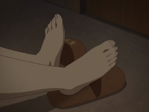 1girl amamiya_manami animated animated_gif bare_legs barefoot cellphone feet feet_together from_behind gakuen_utopia_manabi_straight! hair_ornament hairpin legs painted_toenails phone red_hair screencap shoes_removed short_hair slippers solo talking_on_phone thighs toenail_polish toenails toes