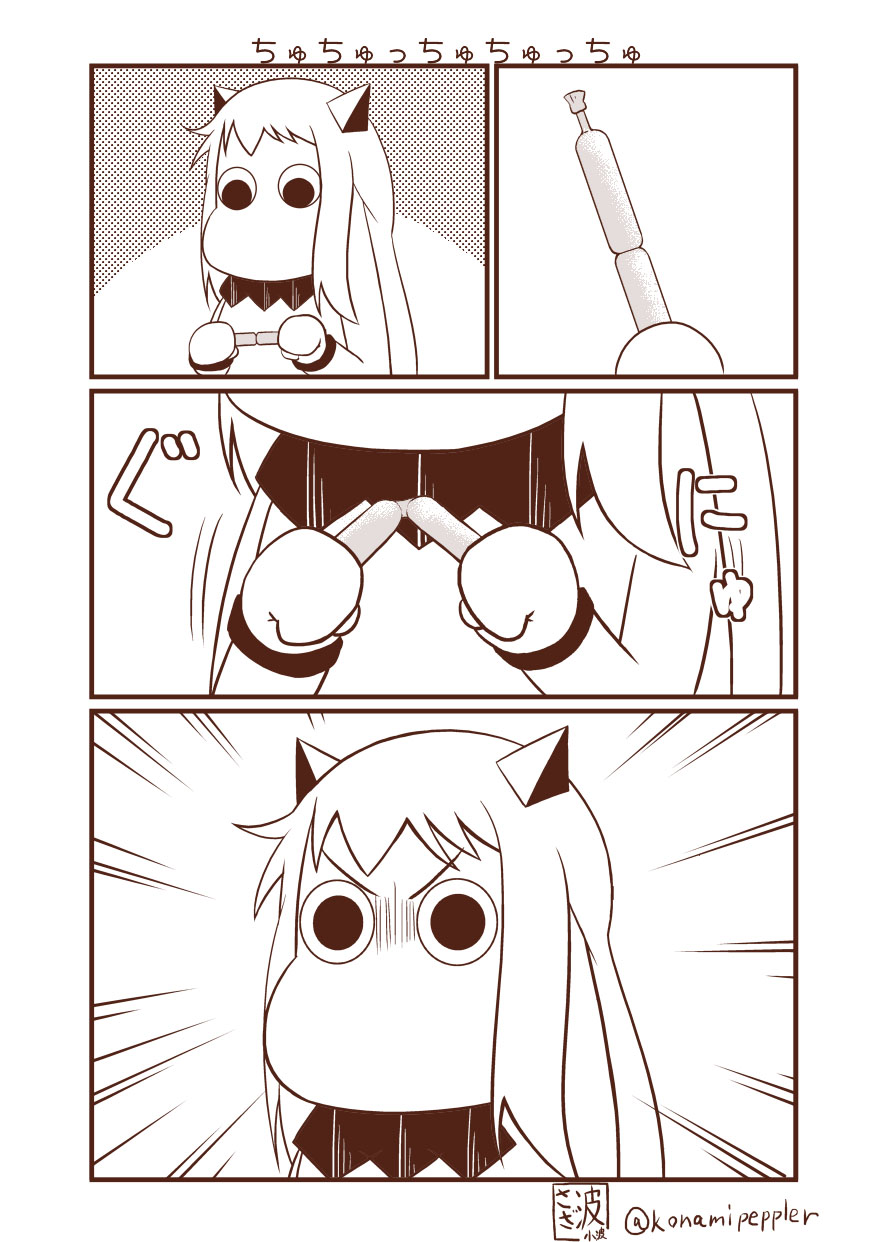 1girl comic commentary emphasis_lines highres horns kantai_collection long_hair mittens monochrome moomin muppo northern_ocean_hime sazanami_konami shinkaisei-kan solo tupet twitter_username