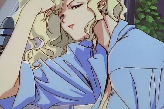 3:2_aspect_ratio animated animated_gif blonde_hair bouncing_breasts breasts brown_eyes golden_boy hair_tucking hand_in_hair kawamoto_toshihiro large_breasts lipstick long_hair looking_at_viewer madame_president makeup no_bra open_clothes open_shirt seductive_smile shirt window