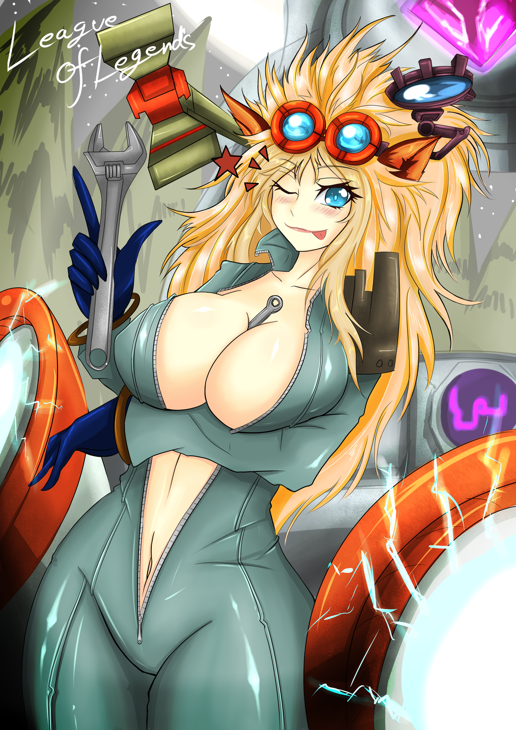 1girl animal_ears blonde_hair blue_eyes blush breasts cleavage genderswap goggles heimerdinger huge_breasts league_of_legends long_hair navel solo tagme tongue tongue_out torahimemax wrench