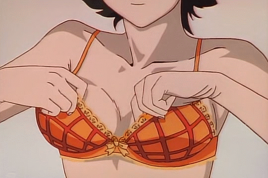 1girl adjusting_bra adjusting_clothes animated animated_gif bouncing_breasts bra breasts changing golden_boy lace_bra orange_bra short_hair solo underwear