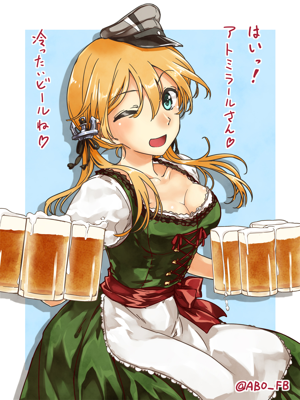 abo_(hechouchou) alcohol alternate_costume beer blonde_hair blue_eyes breasts cleavage dirndl german_clothes hair_ornament hat highres kantai_collection large_breasts long_hair looking_at_viewer oktoberfest one_eye_closed open_mouth peaked_cap prinz_eugen_(kantai_collection) solo traditional_clothes translated twintails