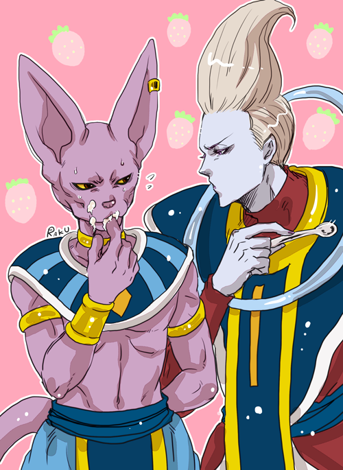 animal_ears arm_cuffs artist_name beerus blue_skin cat_ears dragon_ball dragon_ball_z earrings egyptian_clothes finger_in_mouth food fruit green_skin grey_hair jewelry multiple_boys neck_ring pink_background purple_skin raku220p robe signature spoon strawberry tail whipped_cream whis wrist_cuffs
