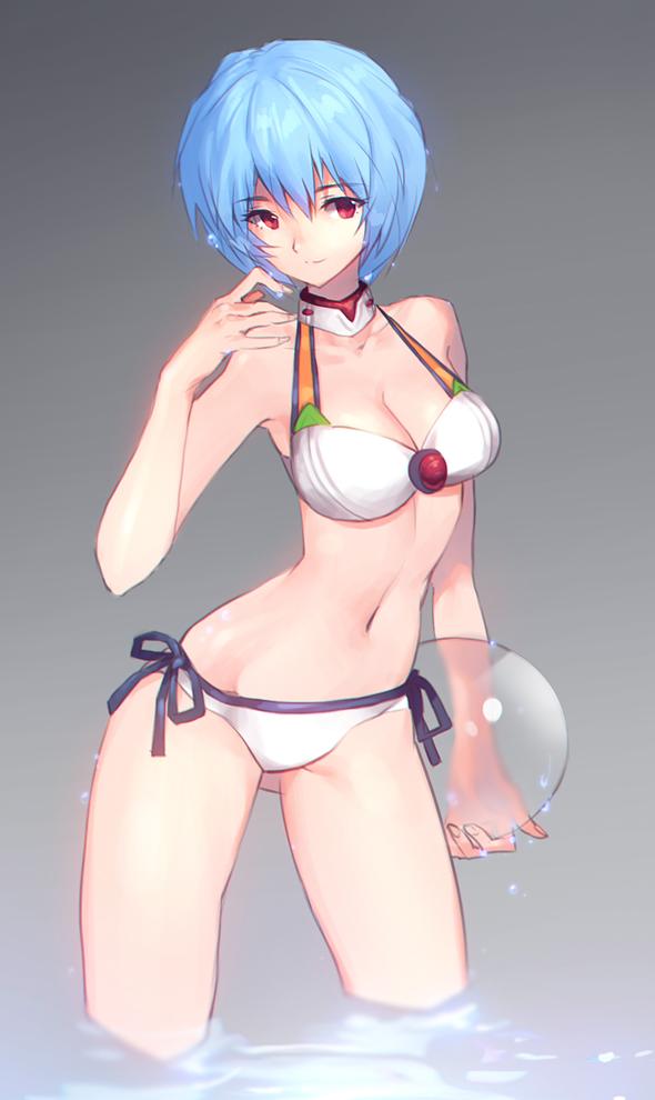 adapted_costume ayanami_rei ball beachball bikini blue_hair breasts cleavage large_breasts light_smile matsuki_ringo navel neon_genesis_evangelion red_eyes short_hair side-tie_bikini solo swimsuit wading water wet wet_hair white_bikini