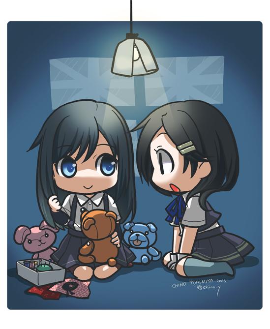 2girls :p arm_warmers artist_name asashio_(kantai_collection) bike_shorts black_hair blue_eyes blue_ribbon box commentary_request dated eyebrows eyebrows_visible_through_hair flag gloves hair_ornament hairclip holding_needle kantai_collection kuroshio_(kantai_collection) light_bulb long_hair multiple_girls neck_ribbon needle open_mouth pleated_skirt ribbon school_uniform serafuku sewing short_hair short_sleeves sitting skirt smile spool stuffed_animal stuffed_bunny stuffed_dog stuffed_toy suspenders teddy_bear thighhighs tongue tongue_out translation_request twitter_username union_jack white_gloves yukimiya_chino