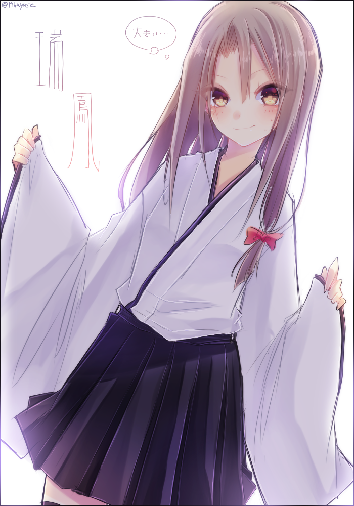1girl alternate_costume alternate_hairstyle blush brown_eyes brown_hair cosplay hair_ornament hair_ribbon japanese_clothes kantai_collection light_brown_hair long_hair long_sleeves looking_at_viewer pleated_skirt ribbon shouhou_(kantai_collection) shouhou_(kantai_collection)_(cosplay) skirt sleeves_past_wrists smile solo thought_bubble translated twitter_username white_background zuihou_(kantai_collection)