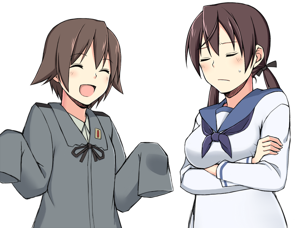 brown_hair closed_eyes cosplay costume_switch crossed_arms gertrud_barkhorn gertrud_barkhorn_(cosplay) hair_ribbon military military_uniform miyafuji_yoshika miyafuji_yoshika_(cosplay) momiji7728 multiple_girls open_mouth oversized_clothes ribbon sleeves_past_fingers sleeves_past_wrists strike_witches sweatdrop twintails uniform world_witches_series