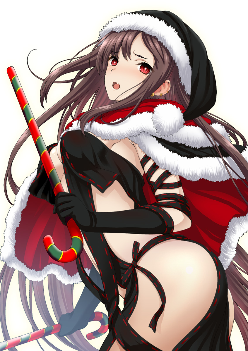 1girl :o bangs bare_shoulders black_dress black_gloves black_ribbon breasts brown_hair candy candy_cane cane cape cleavage consort_yu_(fate) dress dual_wielding earrings embarrassed fate/grand_order fate_(series) food from_side fur_trim furrowed_eyebrows gloves hat highres holding isse jewelry long_hair looking_at_viewer medium_breasts open_mouth red_eyes revealing_clothes ribbon santa_hat simple_background solo underboob very_long_hair