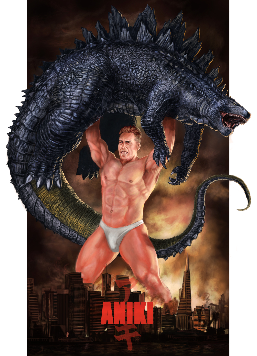 arms_up billy_herrington briefs building carrying_overhead city gachimuchi giant godzilla godzilla_(series) highres lifting male_underwear monster muscle navel nipples open_mouth sharp_teeth shirtless skyscraper smoke standing teeth tongue underwear underwear_only zeze