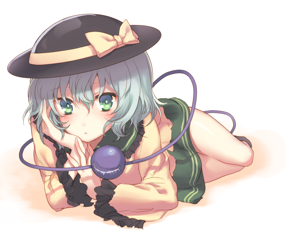 blush eyeball frills full_body green_eyes green_hair hat hat_ribbon kikugetsu komeiji_koishi long_sleeves looking_at_viewer lying ribbon shirt short_hair simple_background skirt solo string third_eye touhou wide_sleeves