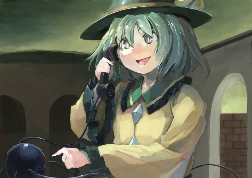 eyeball green_eyes green_hair hat hat_ribbon ichiba_youichi komeiji_koishi long_sleeves open_mouth phone ribbon shirt short_hair smile solo string third_eye touhou upper_body wide_sleeves