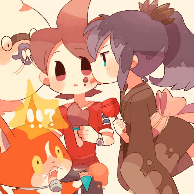 1boy 1girl amano_keita black_kimono brown_hair candy_apple cat cheek_licking chiyoko_(oman1229) commentary_request face_licking fangs food food_on_face hands_over_mouth high_ponytail hyakkihime ice_cream ice_cream_cone ice_cream_cone_spill japanese_clothes jibanyan kimono licking multicolored_hair open_mouth protected_link purple_hair purple_lips red_shirt shirt short_hair two-tone_hair watch wristwatch youkai youkai_watch youkai_watch_(object)