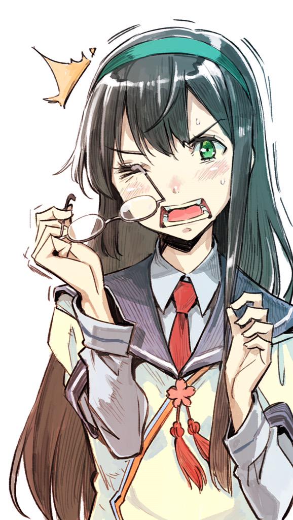 &gt;_o 1girl accident aqua_hairband black_hair blouse eye_poke failure glasses green_eyes hairband kantai_collection long_hair looking_at_viewer necktie nonco one_eye_closed ooyodo_(kantai_collection) open_mouth poking poking_self rectangular_mouth solo trembling white_blouse wince
