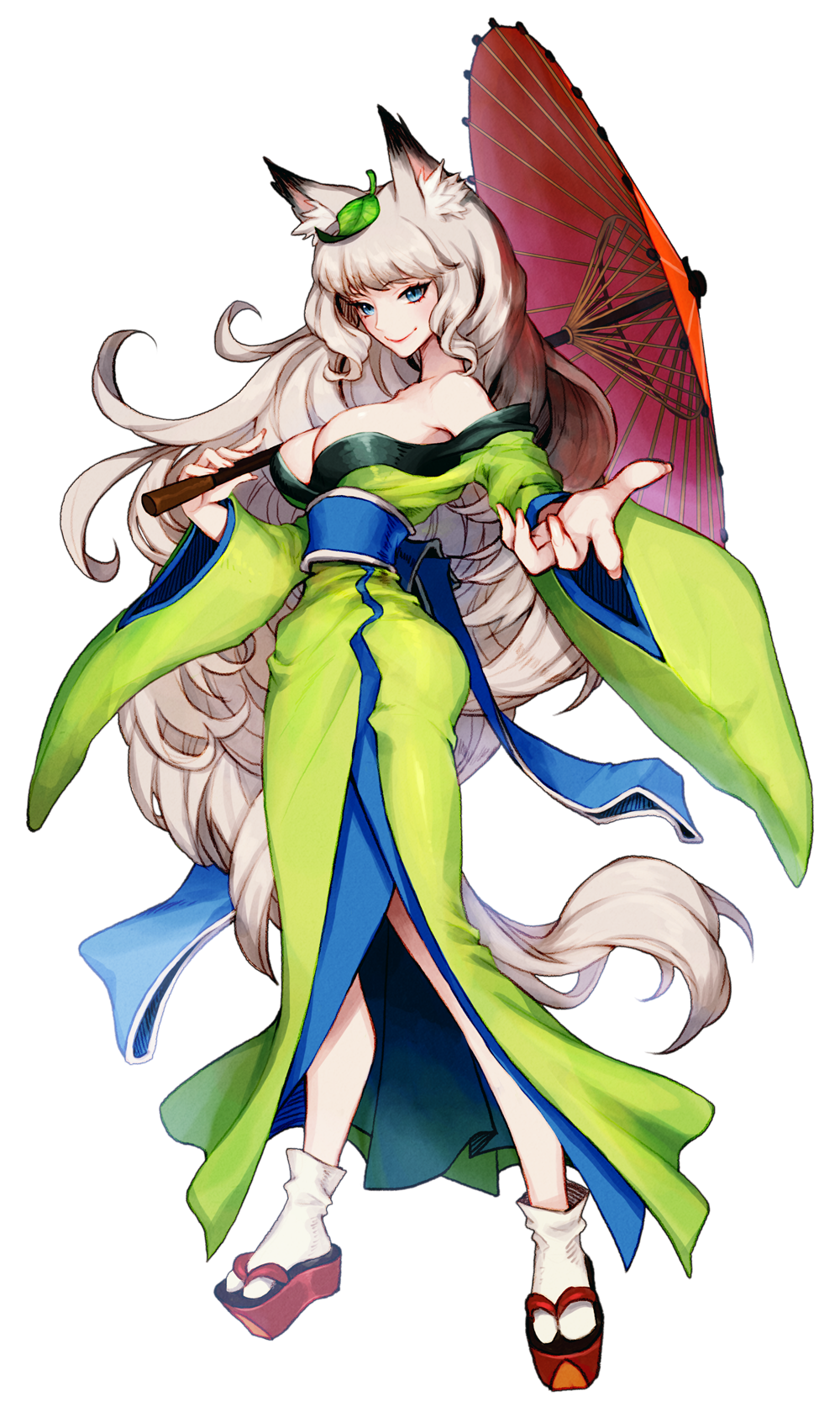 animal_ears bare_shoulders blue_eyes breasts fox_ears full_body highres japanese_clothes kimono large_breasts leaf leaf_on_head long_hair looking_at_viewer oboro_muramasa off_shoulder oriental_umbrella outstretched_arm silver_hair smile solo standing tabi transparent_background umbrella very_long_hair yuri_(anachronic) yuzuruha