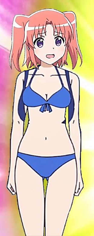 :d annoyed artist_request bare_arms bare_shoulders bikini blue_bikini blue_swimsuit cleavage collarbone foreshortening legs mikakunin_de_shinkoukei mound_of_venus navel solo swimsuits two_side_up wavy_mouth yonomori_kobeni