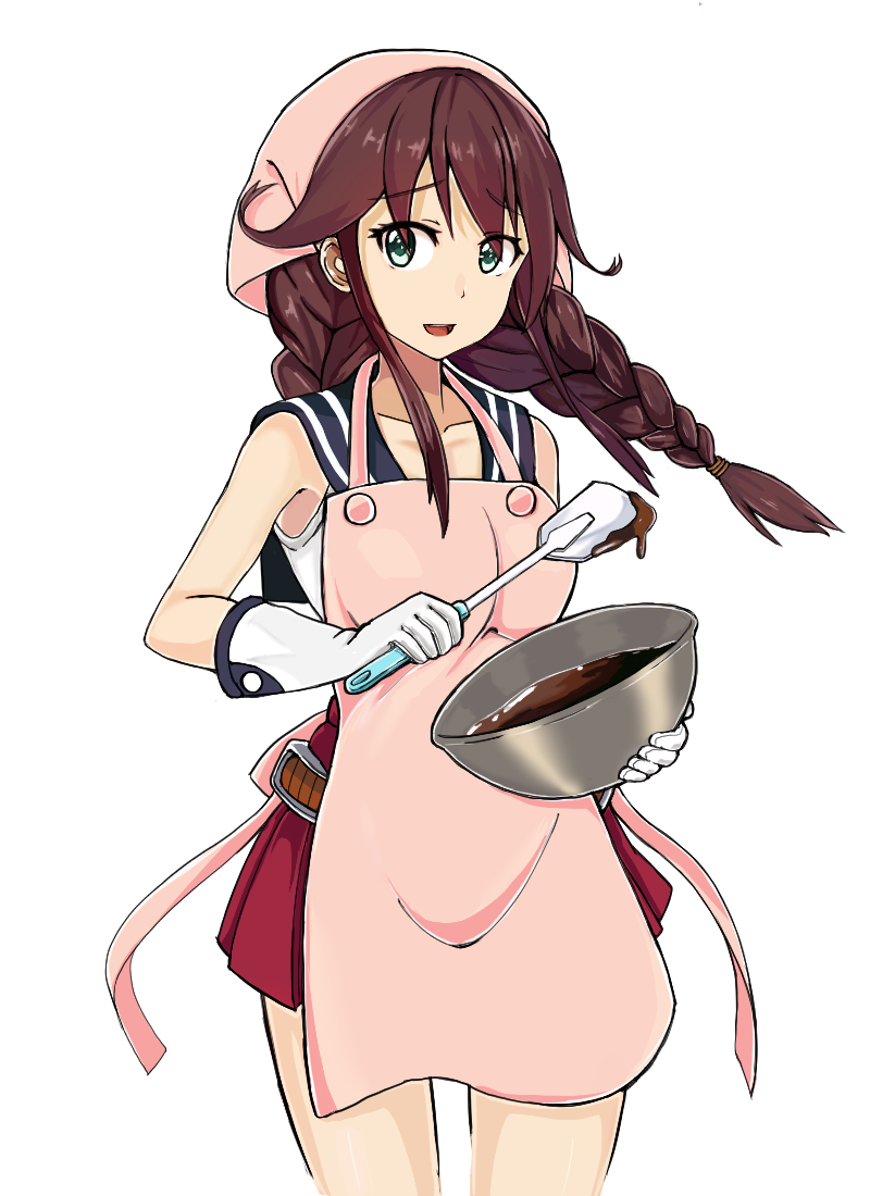 apron atsushi_(aaa-bbb) bangs bowl braid chocolate cowboy_shot gloves green_eyes hair_over_eyes head_scarf holding holding_bowl kantai_collection long_hair miniskirt mixing_bowl noshiro_(kantai_collection) open_mouth pink_apron pleated_skirt school_uniform sidelocks simple_background skirt sleeveless smile solo spatula twin_braids white_background white_gloves
