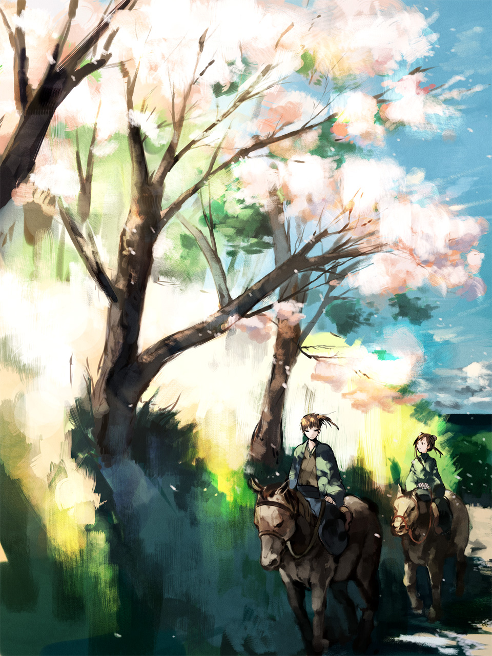 1girl amanohana cherry_blossoms highres horse horseback_riding japanese_clothes landscape light nature pixiv_sengoku_jidai riding scenery