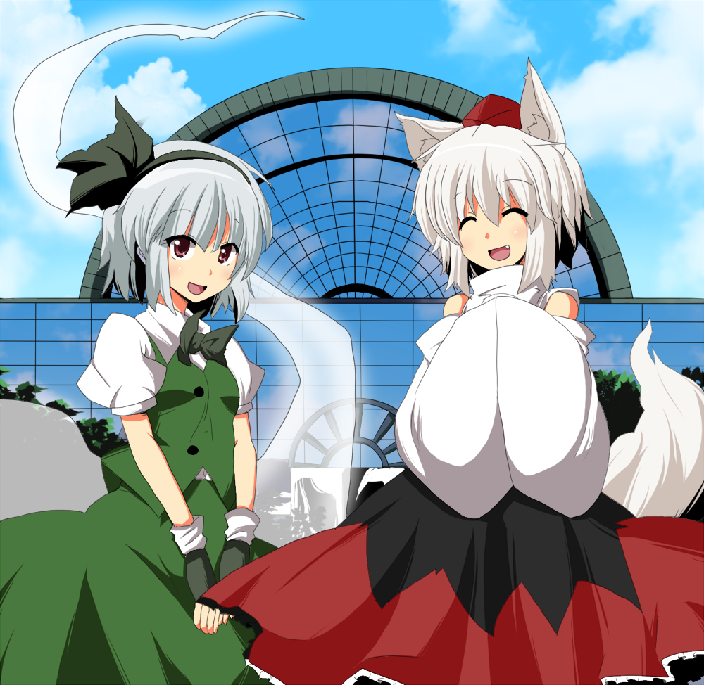 alternate_hairstyle animal_ears contemporary detached_sleeves fingerless_gloves ghost gloves hairband hands_in_opposite_sleeves hat inubashiri_momiji konpaku_youmu konpaku_youmu_(ghost) multiple_girls ponytail red_eyes ribbon short_hair silver_hair suna_(sunaipu) tail tokin_hat touhou wolf_ears wolf_tail