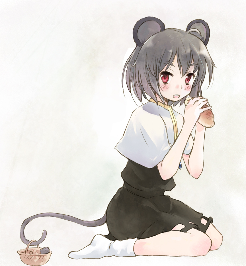 ahoge animal_ears eating food grey_hair md5_mismatch mouse_ears mouse_tail nazrin no_shoes nonaka_yuu red_eyes short_hair socks solo tail touhou