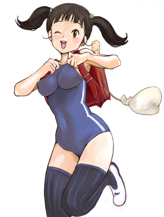 backpack bag black_hair blush kazaana legs one-piece_swimsuit one_eye_closed original skin_tight solo swimsuit thighhighs twintails