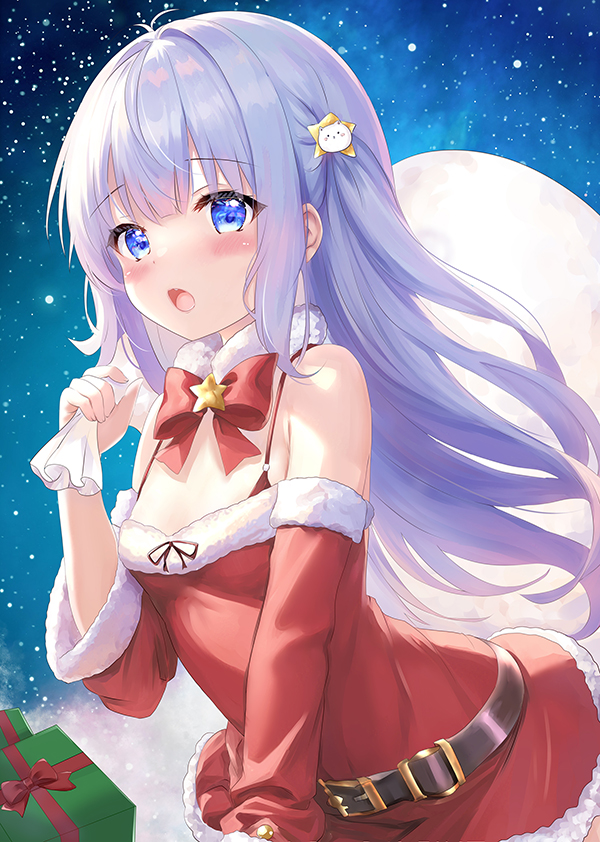 1girl bag belt black_belt blue_eyes blue_hair blush bow bowtie breasts commentary_request detached_sleeves dress fur-trimmed_dress fur-trimmed_sleeves fur_trim gochuumon_wa_usagi_desu_ka? hair_ornament holding holding_bag kafuu_chino long_hair open_mouth paid_reward_available red_bow red_bowtie red_dress red_sleeves rikatan santa_costume small_breasts solo star_(symbol) star_hair_ornament