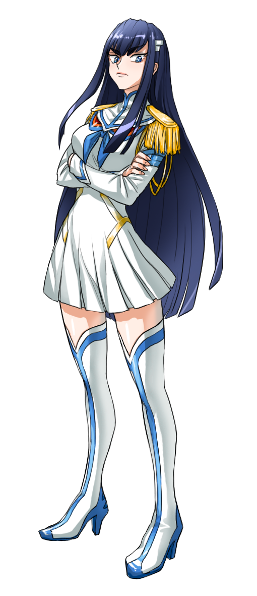 alpha_transparency black_hair blue_eyes boots crossed_arms dress epaulettes full_body high_heel_boots high_heels junketsu kill_la_kill kiryuuin_satsuki long_hair saran solo thigh_boots thighhighs transparent_background two-tone_background very_long_hair