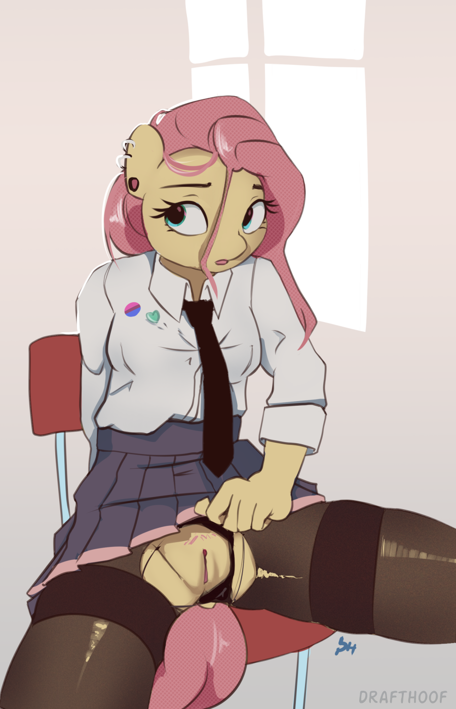 anthro bottomwear clothing drafthoof female fluttershy_(mlp) friendship_is_magic hasbro hi_res legwear looking_at_viewer my_little_pony pantyhose presenting sitting skirt solo torn_clothing torn_legwear torn_pantyhose