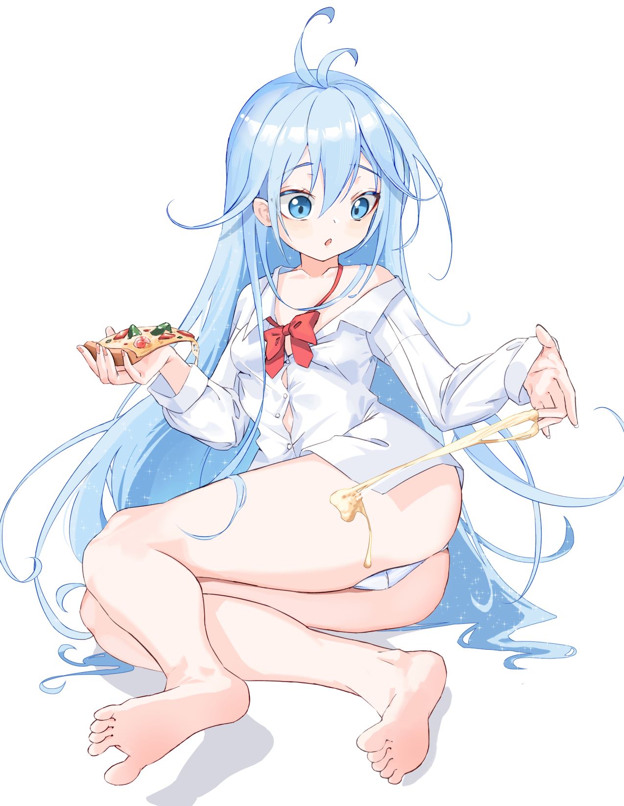 1girl ass barefoot blue_eyes blue_hair bow bowtie button_gap cheese_trail collared_shirt denpa_onna_to_seishun_otoko eason870408 food full_body highres holding holding_food long_hair long_sleeves looking_down lying off_shoulder on_side open_mouth panties pizza pizza_slice shirt solo touwa_erio underwear undone_bowtie very_long_hair