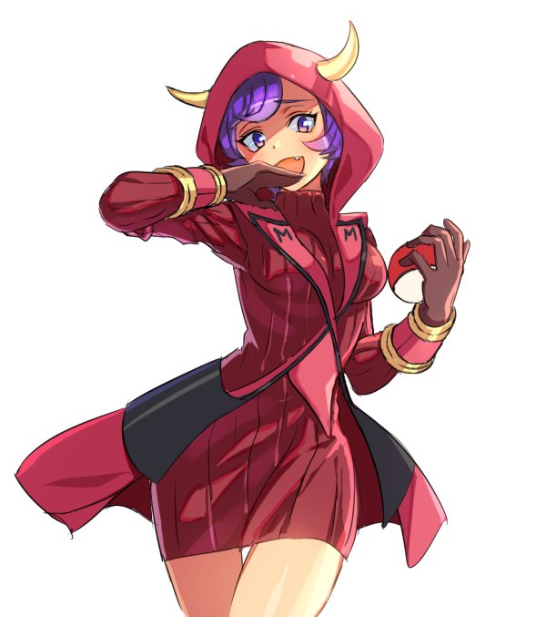 1girl black_gloves breasts coat courtney_(pokemon) cowlick dress fake_horns gloves hood hood_up hooded_vest hoodie horned_headwear horned_hood horns long_sleeves medium_breasts mizore_syrup pokemon pokemon_oras purple_eyes purple_hair raised_eyebrows red_dress red_sweater ribbed_dress ribbed_sweater short_dress short_hair solo sweater swept_bangs team_magma vest