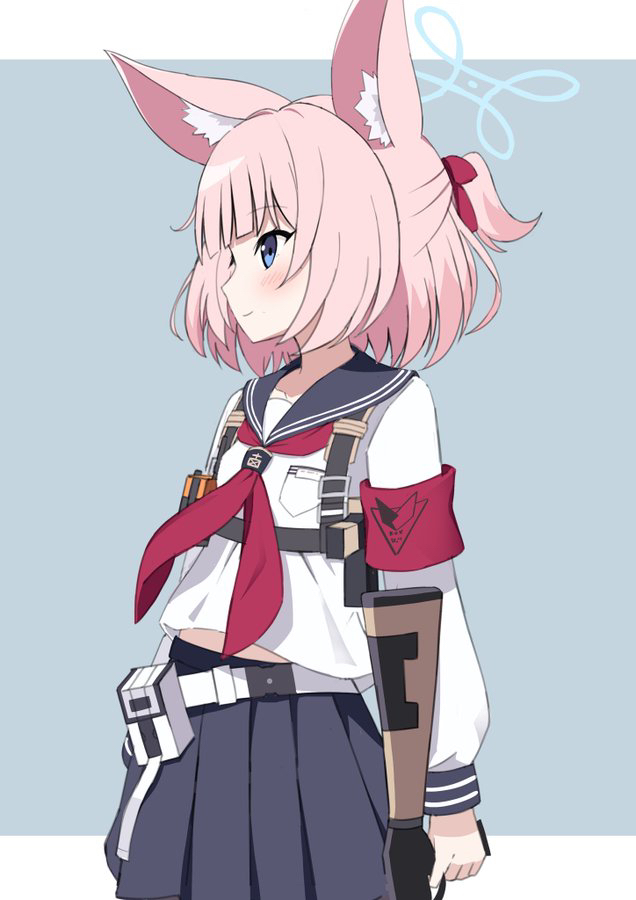 1girl animal_ear_fluff animal_ears belt belt_pouch black_sailor_collar black_skirt blue_archive blue_eyes blush chest_harness closed_mouth collarbone commentary efu_(ehutan) food fox_ears fox_girl grey_background harness holding holding_food letterboxed long_sleeves looking_to_the_side midriff_peek neckerchief niko_(blue_archive) pink_hair pleated_skirt pouch red_neckerchief sailor_collar shirt short_hair sideways_mouth simple_background skirt smile solo upper_body white_belt white_shirt