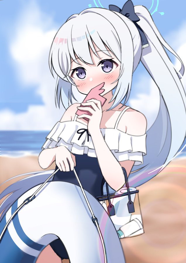 1girl bag bare_shoulders beach blue_archive blue_bow blue_eyes blue_hair blue_innertube blue_one-piece_swimsuit blue_sky blush bow casual_one-piece_swimsuit cloud cloudy_sky collarbone commentary_request covering_mouth efu_(ehutan) frilled_one-piece_swimsuit frills hair_bow halo handbag holding holding_innertube horizon innertube light_blue_hair looking_at_viewer miyako_(blue_archive) miyako_(swimsuit)_(blue_archive) ocean off-shoulder_one-piece_swimsuit off_shoulder official_alternate_costume official_alternate_hairstyle one-piece_swimsuit outdoors see-through side_ponytail sky swimsuit