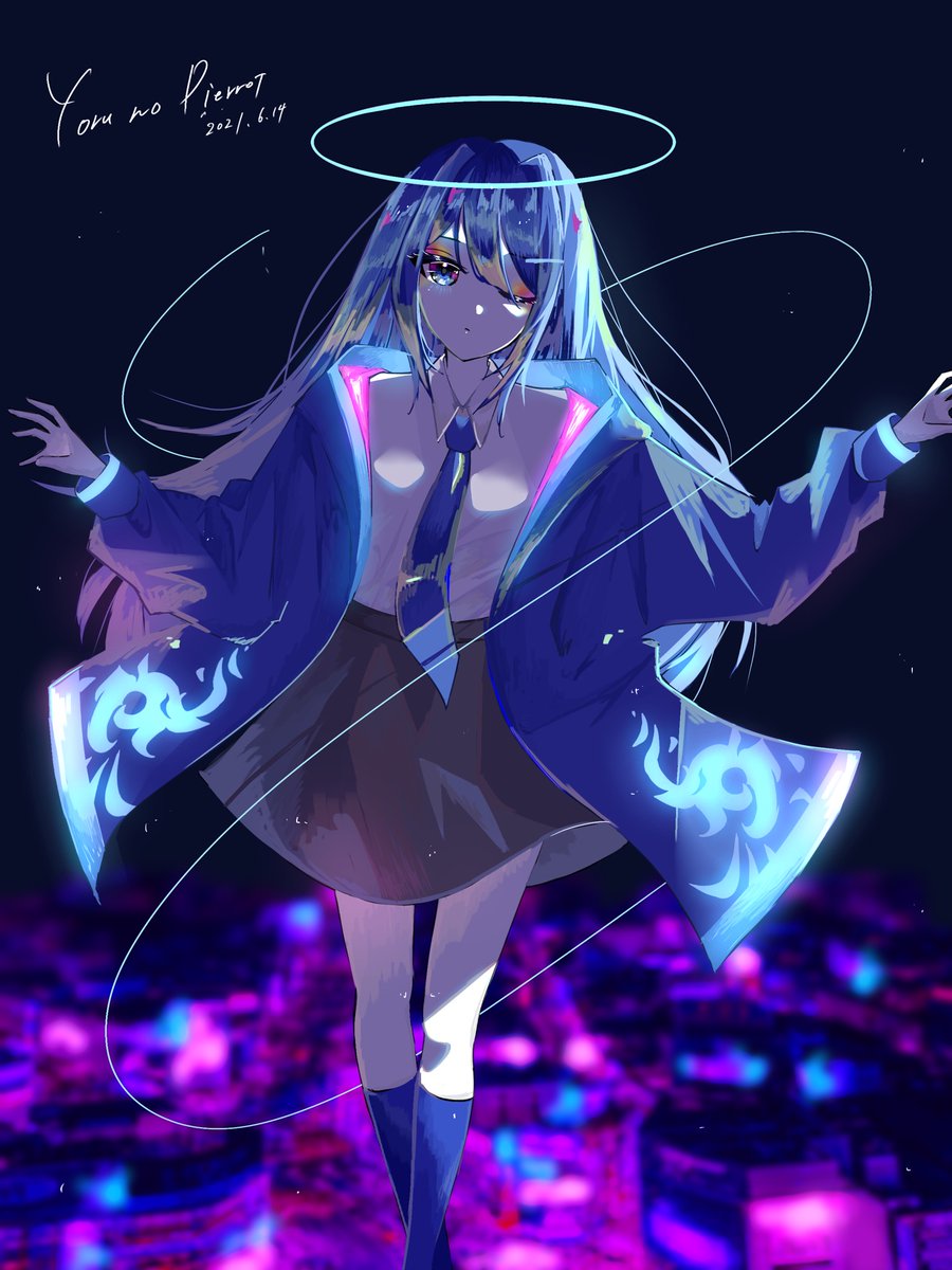 1girl ado_(utaite) blue_background blue_coat blue_eyes blue_hair blue_necktie blue_socks cloud_nine_inc coat collared_shirt commentary dated english_commentary grey_skirt hair_between_eyes halo highres kneehighs long_hair long_sleeves looking_at_viewer necktie one_eye_closed open_clothes open_coat shirt sidelocks skirt socks solo song_name spica_(spica5f9ea0) utaite white_shirt yoru_no_pierrot