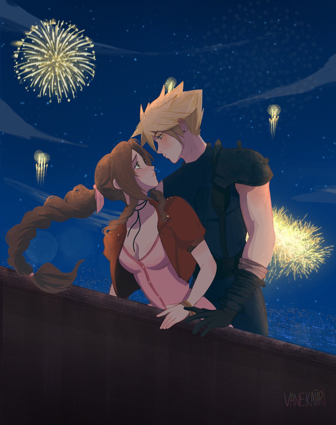 1boy 1girl aerial_fireworks aerith_gainsborough armor black_gloves blonde_hair blush braid braided_ponytail brown_hair cloud_strife couple dating dress final_fantasy final_fantasy_vii final_fantasy_vii_remake fireworks gloves hair_ribbon highres imminent_kiss jacket jewelry leather_belt looking_at_another necklace night night_sky pauldrons pink_dress pink_ribbon red_jacket ribbon shoulder_armor single_pauldron sky spiked_hair star_(sky) starry_sky turtleneck vanekairi