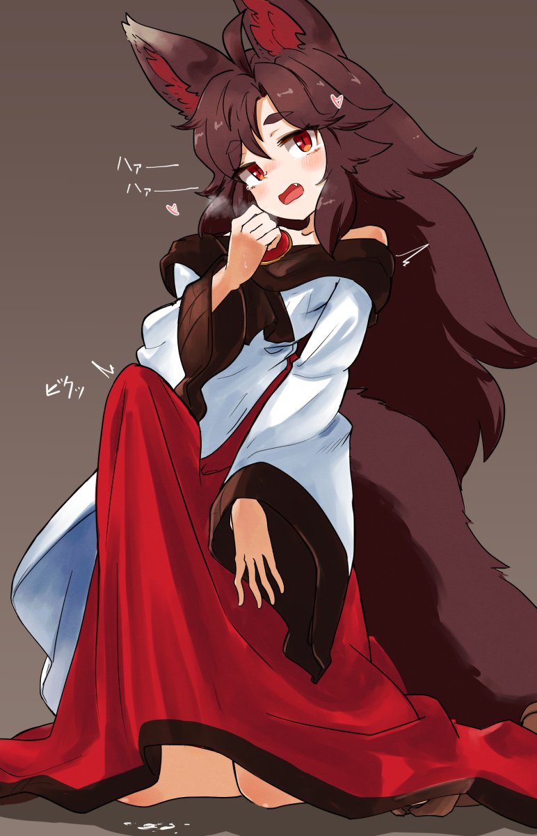 1girl animal_ears bare_shoulders brooch brown_hair dress erection highres imaizumi_kagerou jewelry long_hair looking_at_viewer off-shoulder_dress off_shoulder open_mouth red_eyes solo tail touhou uisu_(noguchipint) wide_sleeves wolf_ears wolf_girl wolf_tail