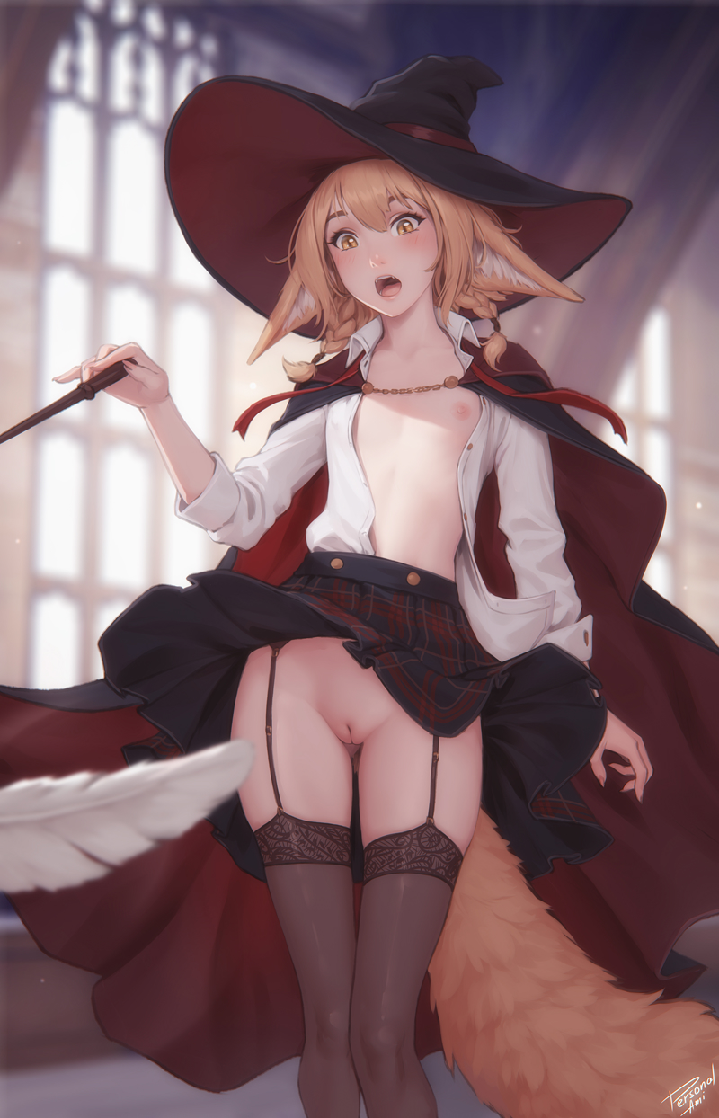 1girl animal_ear_fluff animal_ears black_cloak black_headwear black_skirt black_thighhighs blonde_hair blurry blurry_background blurry_foreground cleft_of_venus cloak collared_shirt commentary depth_of_field english_commentary feathers feet_out_of_frame flat_chest fox_ears fox_girl fox_tail garter_straps hat highres holding holding_wand khiara_(personal_ami) miniskirt nipples open_clothes open_mouth open_shirt original personal_ami plaid plaid_skirt pleated_skirt pussy red_cloak red_headwear shirt signature skirt solo standing tail teeth thighhighs two-sided_cloak two-sided_fabric two-sided_headwear two-tone_cloak two-tone_headwear uncensored wand white_shirt witch_hat yellow_eyes