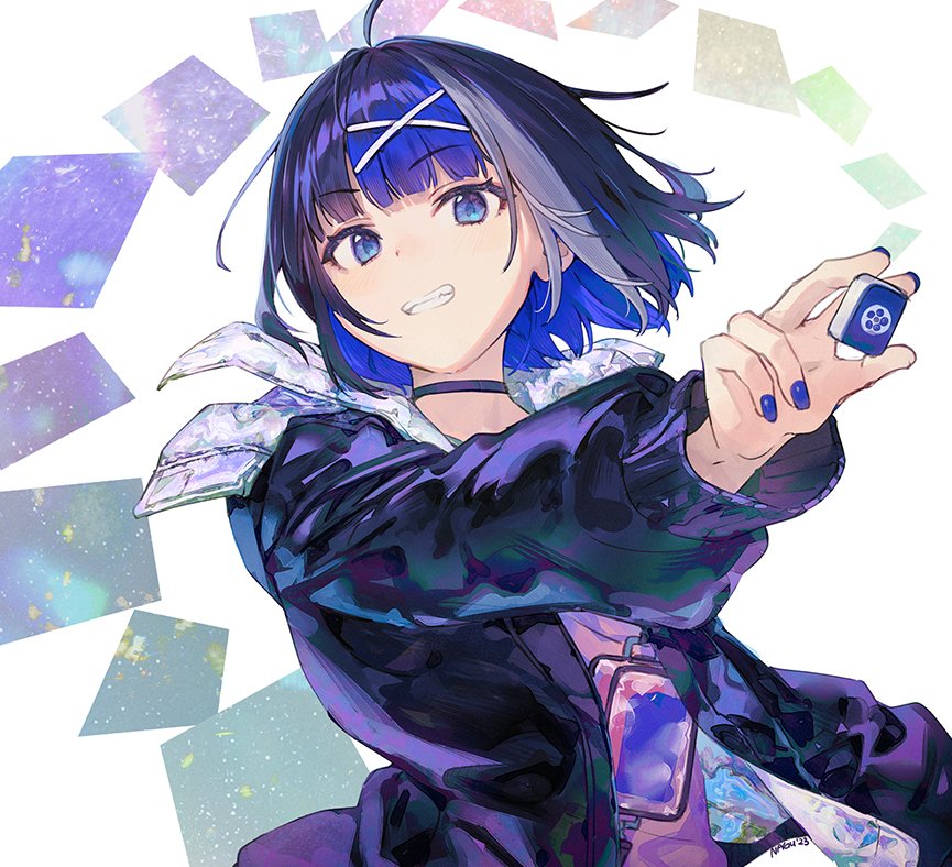 1girl artist_name blue_eyes blue_hair blue_jacket blue_nails blue_theme blunt_bangs dot_nose grin hair_ornament holding_mahjong_tile jacket long_sleeves looking_at_viewer mahjong mahjong_tile nagu nail_polish open_clothes open_jacket original outstretched_arm parted_lips short_hair smile solo teeth upper_body x_hair_ornament