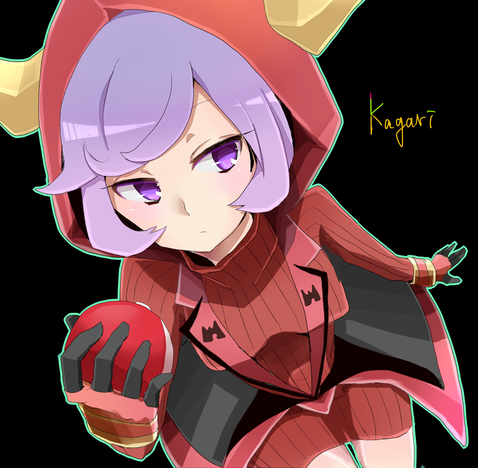 1girl black_background black_gloves breasts character_name courtney_(pokemon) cowlick dress fake_horns gloves holding holding_poke_ball hood hood_up hooded_vest hoodie horned_headwear horned_hood horns long_sleeves lowres medium_breasts pananaco poke_ball poke_ball_(basic) pokemon pokemon_oras purple_eyes purple_hair red_dress red_hood red_sweater ribbed_dress ribbed_sweater short_dress short_hair solo sweater swept_bangs team_magma vest