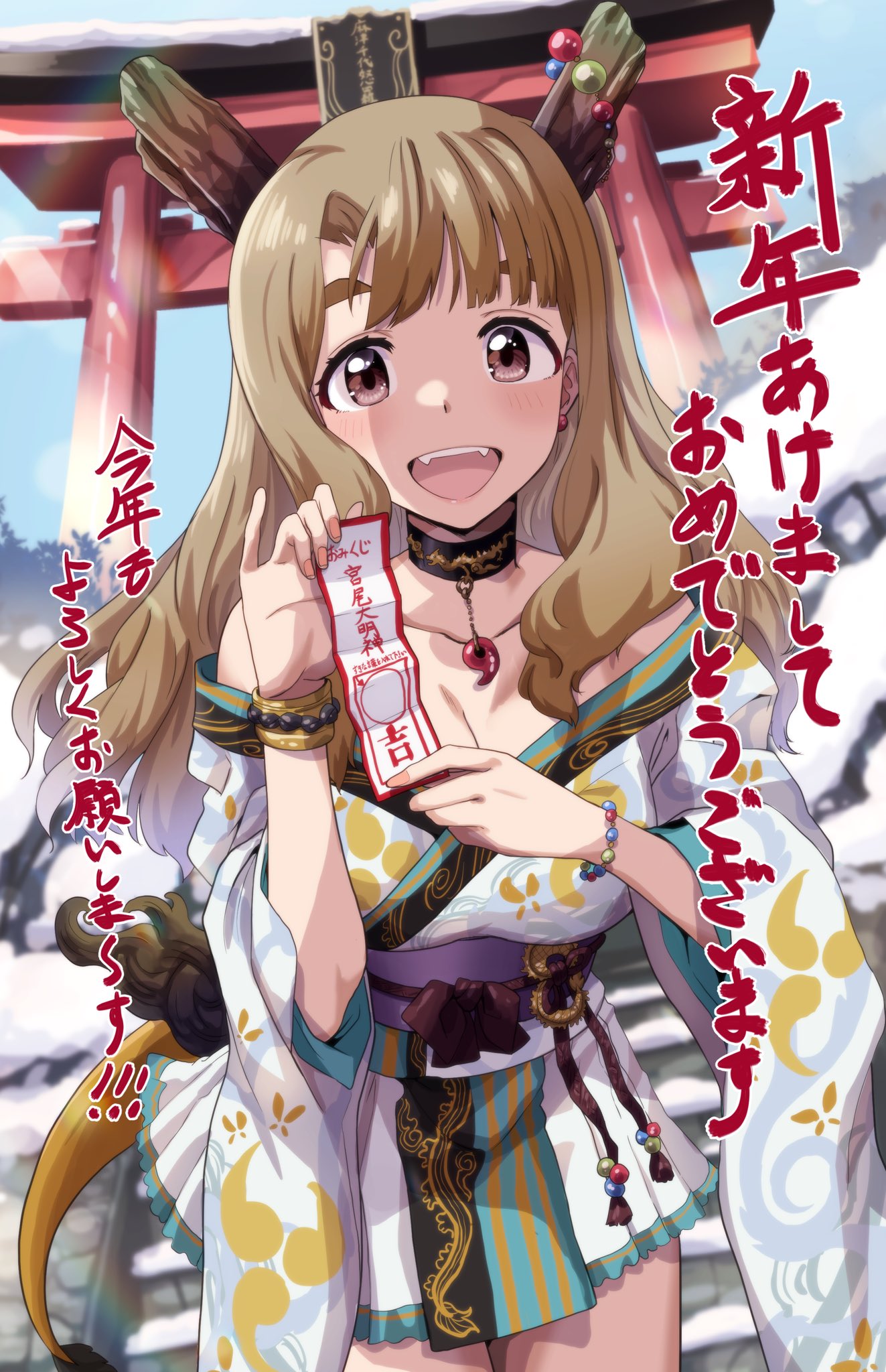 1girl :d bare_shoulders bead_bracelet beads black_choker blush bracelet breasts brown_eyes brown_hair choker cleavage collarbone cowboy_shot day happy_new_year highres idolmaster idolmaster_million_live! japanese_clothes jewelry kimono long_hair long_sleeves looking_at_viewer medium_breasts miyao_miya new_year obi open_mouth outdoors run_p_(aveton) sash short_kimono smile snow solo standing teeth thick_eyebrows torii wide_sleeves