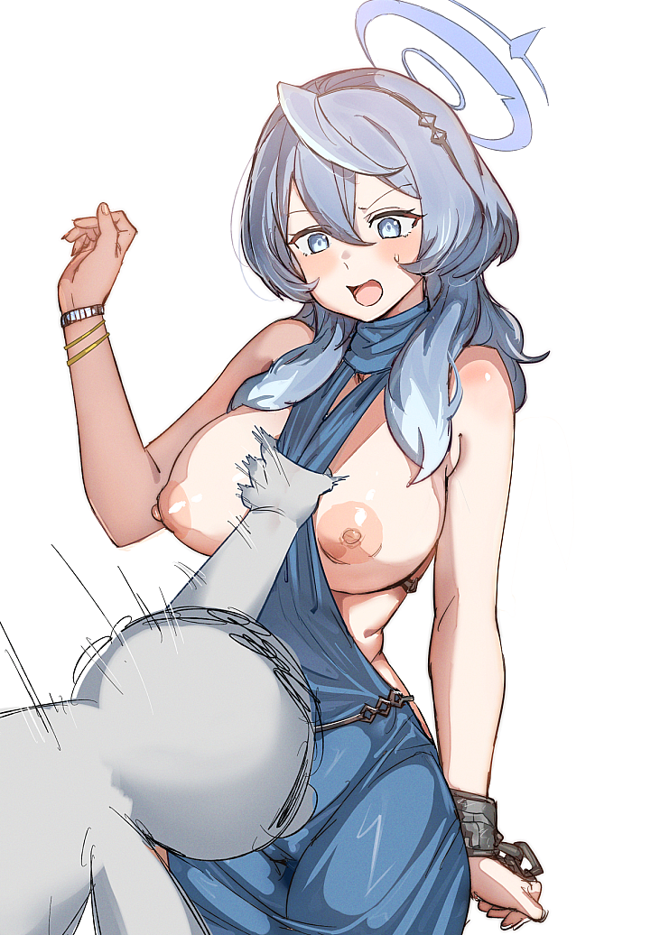 1boy 1girl ako_(blue_archive) ako_(dress)_(blue_archive) bare_shoulders between_breasts blue_archive blue_dress blue_eyes blue_hair blue_halo blush bow_(bhp) breasts breasts_out clothes_between_breasts clothes_grab cowboy_shot cuffs doodle_sensei_(blue_archive) dress halo large_breasts long_hair nipples no_bra official_alternate_costume open_mouth sensei_(blue_archive) sideless_dress simple_background sleeveless sleeveless_dress standing white_background