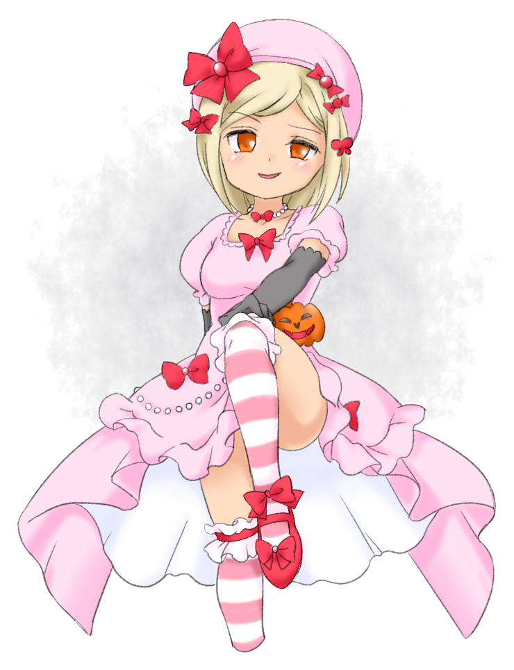 1girl black_gloves blonde_hair bow breasts dress elbow_gloves gloves hat jack-o'-lantern_ornament jewelry lambdadelta looking_at_viewer medium_breasts nonamejd open_mouth orange_eyes over-kneehighs pink_dress pink_headwear puffy_short_sleeves puffy_sleeves red_bow short_hair short_sleeves smile solo striped_clothes striped_thighhighs thighhighs umineko_no_naku_koro_ni uneven_eyes