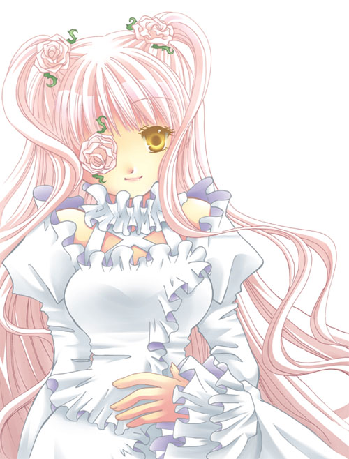 1girl breasts closed_mouth commentary_request fingernails flower flower_over_eye frilled_shirt frills hair_flower hair_ornament juliet_sleeves kirakishou lolita_fashion long_hair long_sleeves looking_at_viewer medium_bangs medium_breasts morinaga_hinase pink_hair puffy_sleeves rozen_maiden shirt sidelocks simple_background skirt smile solo two_side_up upper_body very_long_hair wavy_hair white_background white_shirt white_skirt yellow_eyes