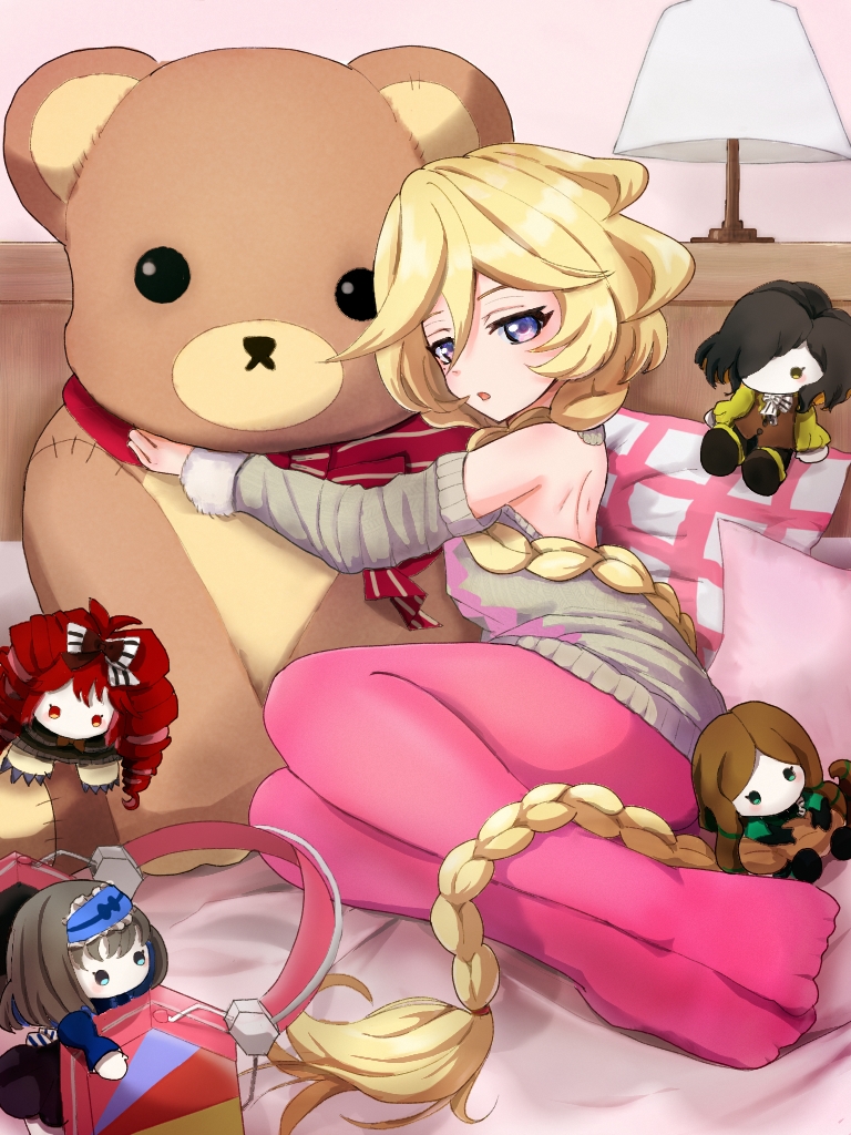 1girl blonde_hair braid braided_ponytail carol_malus_dienheim character_doll desk_lamp eyebrows_hidden_by_hair garie_tuman hair_between_eyes headphones hug lamp large_teddy_bear leiur_darahim long_hair looking_at_viewer lying meme_attire micha_jawkan on_bed on_side open_mouth pantyhose phara_suyuf pillow pink_pantyhose purple_eyes red_scarf scarf senki_zesshou_symphogear solo stuffed_animal stuffed_toy teddy_bear user_pgkz2747 very_long_hair virgin_killer_sweater