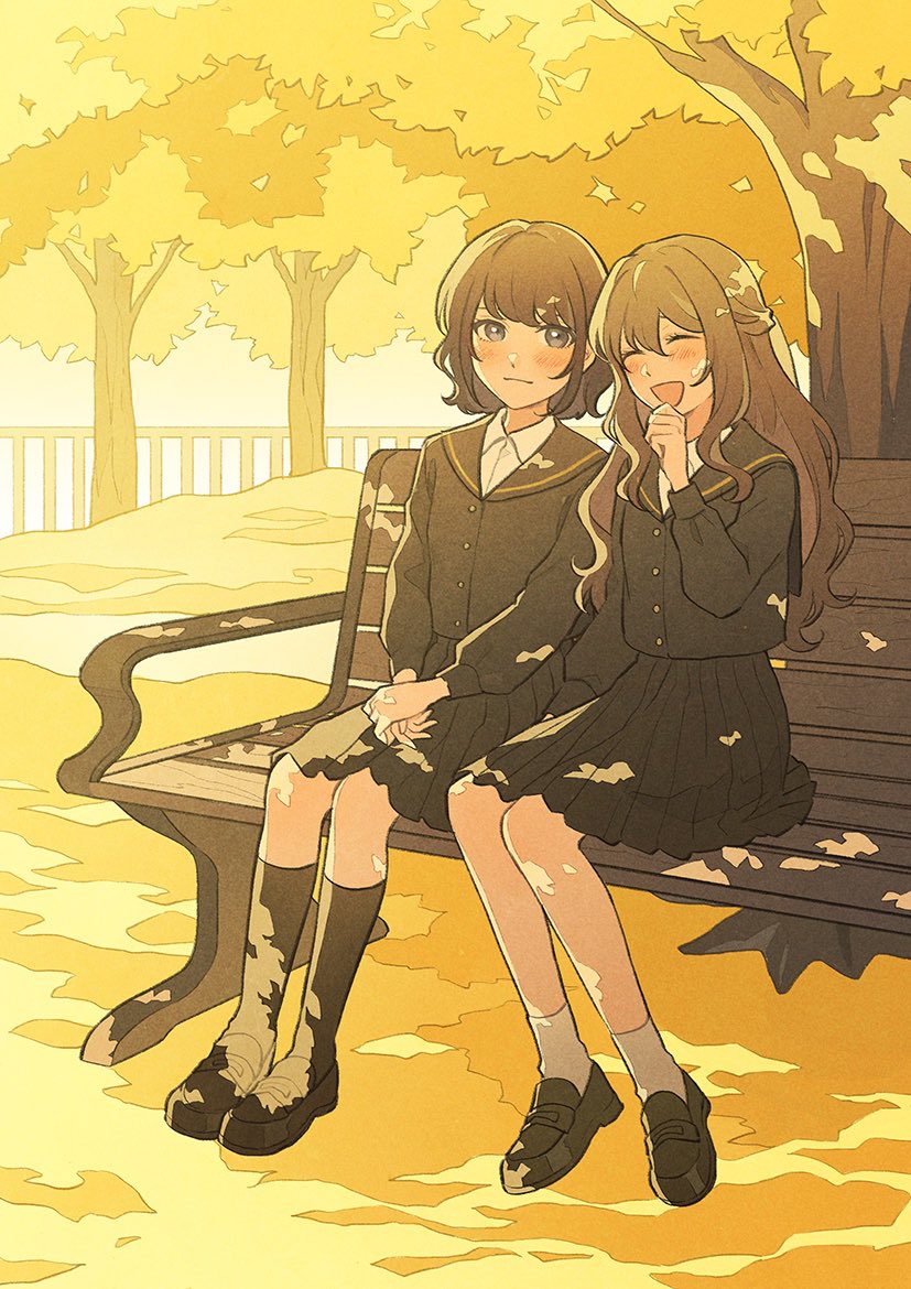 2girls :d ^_^ ankle_socks bench black_footwear black_sailor_collar black_serafuku black_shirt black_skirt black_socks blouse blush brown_hair buttons closed_eyes closed_mouth collared_shirt commentary_request dappled_sunlight day full_body hand_on_own_chin hand_to_own_mouth happy kneehighs laughing long_hair long_sleeves looking_at_another multiple_girls nahara_saki on_bench open_mouth original outdoors park park_bench plant pleated_skirt purple_eyes sailor_collar school_uniform serafuku shirt shoes short_hair sitting skirt skirt_set smile socks sunlight tree under_tree v_arms white_shirt white_socks yellow_theme