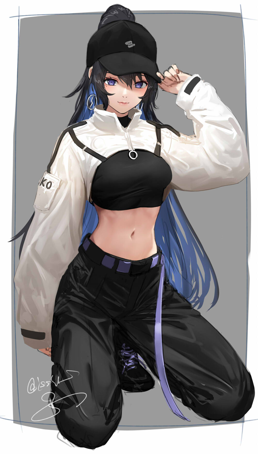 1girl arched_back arm_at_side baseball_cap black_hair black_headwear black_pants black_shirt blue_hair blush border breasts closed_mouth cropped_jacket cropped_shirt drop_earrings earrings full_body grey_background hair_through_headwear half-closed_eyes hand_on_headwear hand_up hat high_ponytail highres hoop_earrings isshiki_(ffmania7) jacket jewelry kamitsubaki_studio kneeling koko_(kamitsubaki_studio) long_hair long_sleeves looking_at_viewer medium_breasts midriff mole mole_under_eye narrow_waist navel open_clothes open_jacket outside_border pants puffy_long_sleeves puffy_sleeves purple_eyes shirt signature smile solo stomach taut_clothes taut_shirt twitter_username virtual_youtuber white_border white_jacket